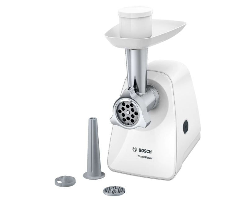 Bosch MFW2510W, Meat mincer, SmartPower Meat mincer from SmartPower range: 1500W, 1,7 kg/min, 2 sieves, 1 sausage horn, no reverse, white