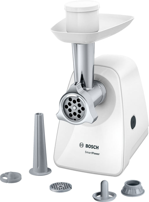 Bosch MFW2520W, Meat mincer, SmartPower Meat mincer from SmartPower range: 1500W, 1,7 kg/min, 2 sieves, 1 sausage horn, kebbe attachment, no reverse, white