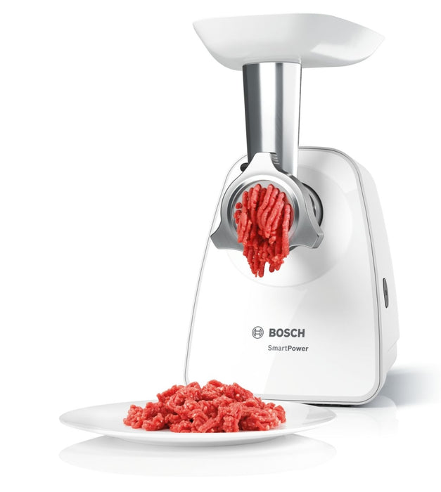 Bosch MFW2520W, Meat mincer, SmartPower Meat mincer from SmartPower range: 1500W, 1,7 kg/min, 2 sieves, 1 sausage horn, kebbe attachment, no reverse, white