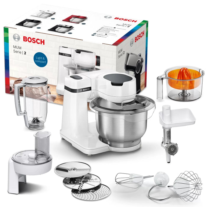 Bosch MUMS2EW40, Kitchen machine, MUM Serie 2, 700 W, add. Meat mincer, Plastic blender, Citrus press, White