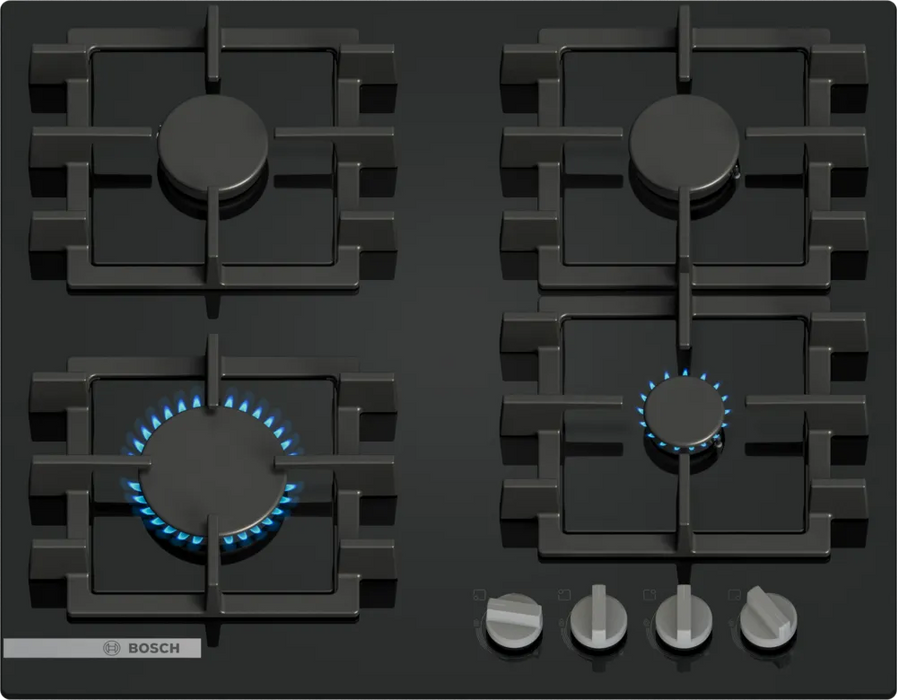 Bosch PNN6B6K40, SER4, Gas hob, 4 zones, 9 power levels, FlameSelect new, Easy cleaning, metal knobs, black, 60cm