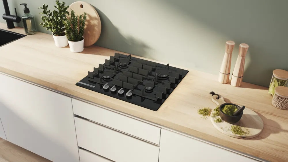 Bosch PRP6A6H40, SER8, Gas hob, 4 zones, 9 power levels, FlameSelect new, Smart Hood Automatic, Touch control, Easy cleaning, illuminated metal knobs, display, black, Front-bevel, HC, 60cm