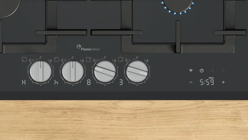 Bosch PRP6A6H40, SER8, Gas hob, 4 zones, 9 power levels, FlameSelect new, Smart Hood Automatic, Touch control, Easy cleaning, illuminated metal knobs, display, black, Front-bevel, HC, 60cm