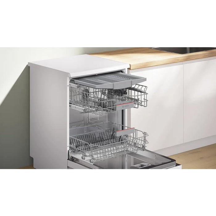 Bosch SMS46KW02E, SER4, Free-standing dishwasher, E, Polinox, 9,5l, 13ps, 6p/4o, 46dB(C), 3rd drawer, Rackmatic, white, w/o HC