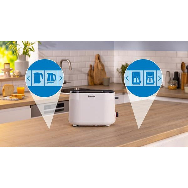 Bosch TAT2M121, MyMoment Compact toaster, 950 W, Auto power off, Defrost and reheat setting, Integrated warming grid, High lift, White