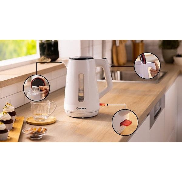 Bosch TWK1M121, MyMoment Plastic Kettle, 2400 W, 1.7 l, Cup indicator, Limescale filter, Triple safety function, White