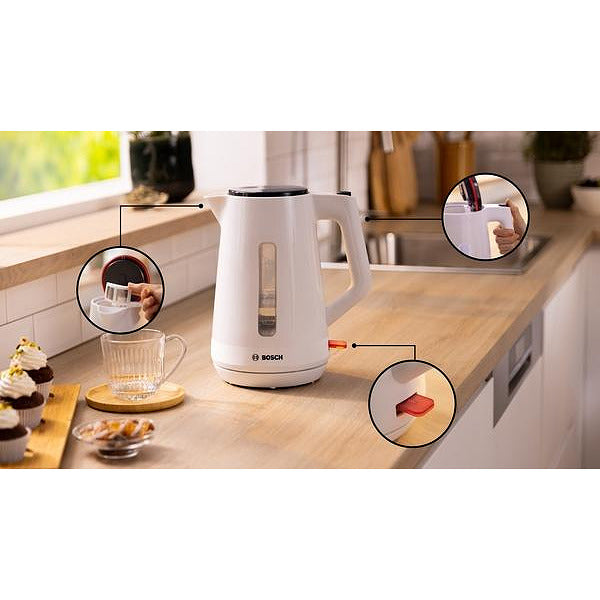 Bosch TWK1M121, MyMoment Plastic Kettle, 2400 W, 1.7 l, Cup indicator, Limescale filter, Triple safety function, White