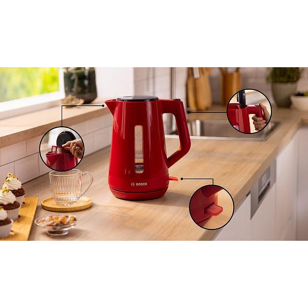 Bosch TWK1M124, MyMoment Plastic Kettle, 2400 W, 1.7 l, Cup indicator, Limescale filter, Triple safety function, Red
