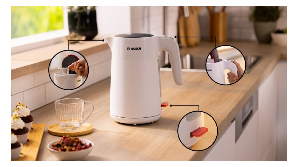 Bosch TWK2M161, MyMoment Plastic Kettle, 2400 W, 1.7 l, Cup indicator, Limescale filter, Triple safety function, White