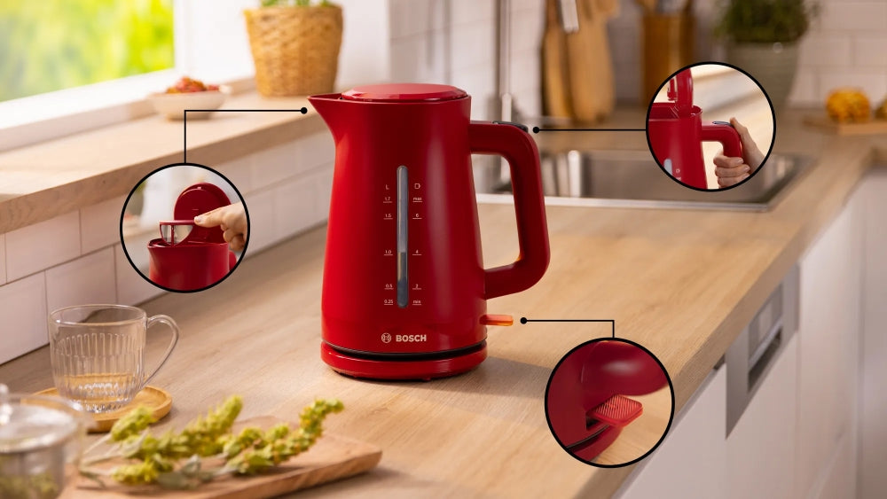 Bosch TWK3M124, MyMoment Plastic Kettle, 2400 W, 1.7 l, Cup indicator, Limescale filter, Triple safety function, Red