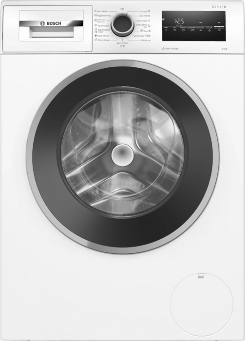 Bosch WAN2426NBY, SER4, Washing machine 8kg, A, 1200rpm, 51/71dB(A), Iron Assist, waveDrum 65l, 7 options, Rinse Plus, silver-blackgrey door