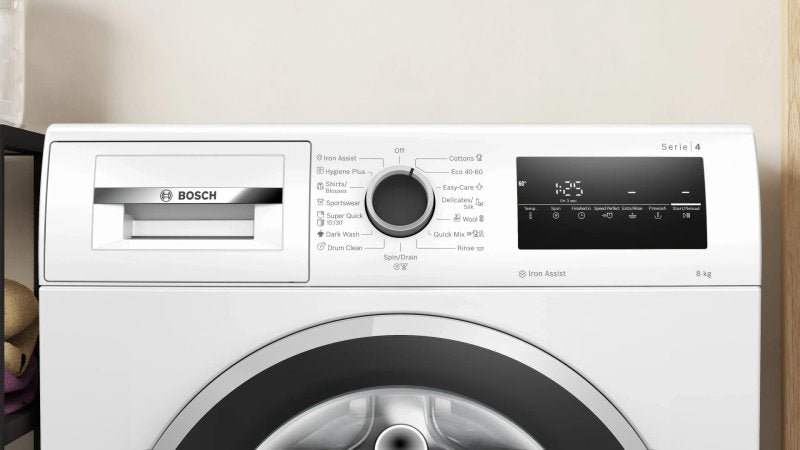 Bosch WAN2426NBY, SER4, Washing machine 8kg, A, 1200rpm, 51/71dB(A), Iron Assist, waveDrum 65l, 7 options, Rinse Plus, silver-blackgrey door