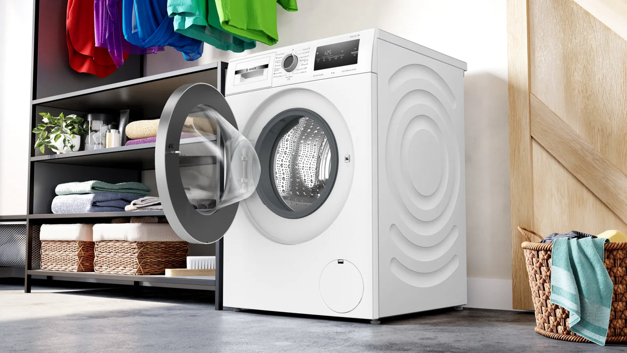 Bosch WAN28164BY SER4 Washing machine 8kg, A, 1400rpm, 51/72dB(A), Iron Assist, waveDrum 65l, 6 options, Sportswear, silver-blackgrey door