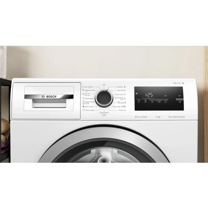 Bosch WAN28164BY SER4 Washing machine 8kg, A, 1400rpm, 51/72dB(A), Iron Assist, waveDrum 65l, 6 options, Sportswear, silver-blackgrey door