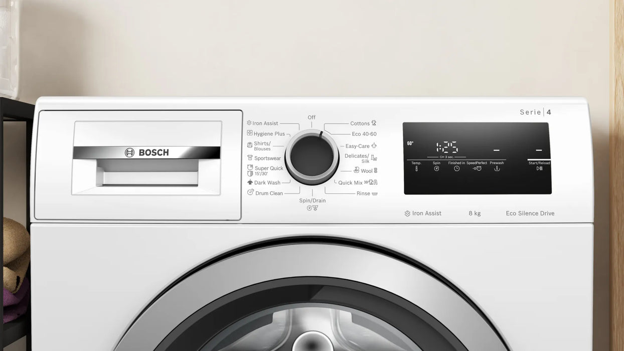 Bosch WAN28164BY SER4 Washing machine 8kg, A, 1400rpm, 51/72dB(A), Iron Assist, waveDrum 65l, 6 options, Sportswear, silver-blackgrey door