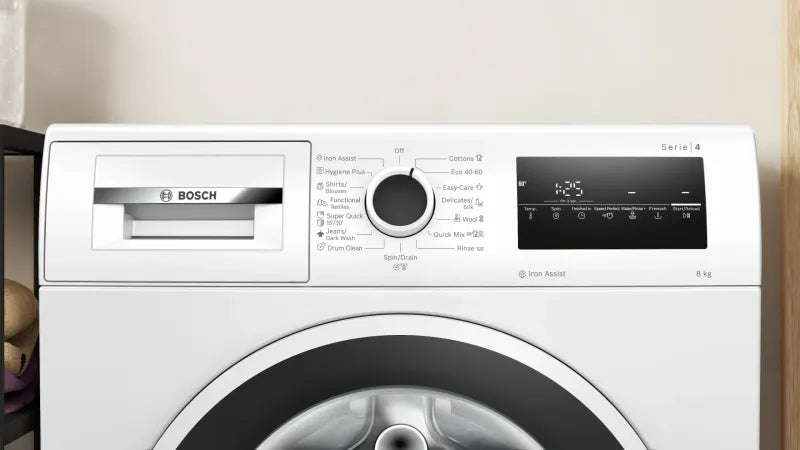 Bosch WAN2826SBY, SER4, Washing machine 8kg, A, 1400rpm, 51/72dB(A), Iron Assist, waveDrum 65l, 7 options, Rinse Plus, white-blackgrey door
