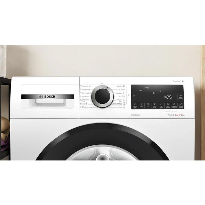 Bosch WNG24401BY SER6 Washer-dryer 9/6kg, D/A, 1400rpm, 48/70/60dB(A), waveDrum 65l, W/W+D 49/83l 3:45/8:40h, Iron Assist, waveDrum 65l, AntiStain, HygieneCare, white-black door