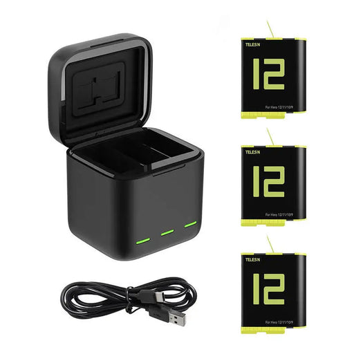 Box Telesin three-channel charger + 3 batteries for GoPro Hero 12 / 11 / 10 / 9 (GP-BNC-902-B) - For sports