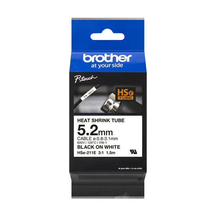 Brother HSe-211E 5.2mm Black on White Heat Shrink Tape - Консумативи за етикетни принтери<<<BROTHER