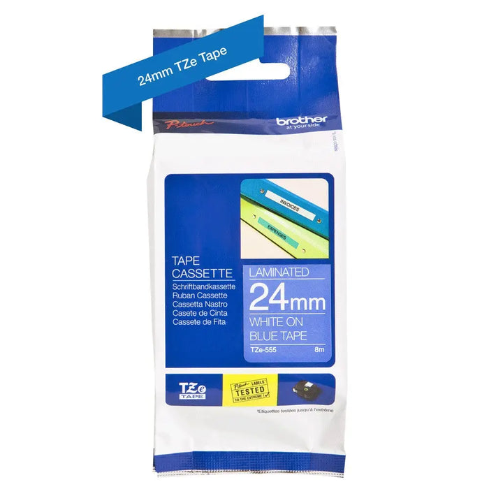 Brother TZe-555 Labelling Tape Cassette – White On Blue 24mm wide - Консумативи за етикетни принтери<<<BROTHER
