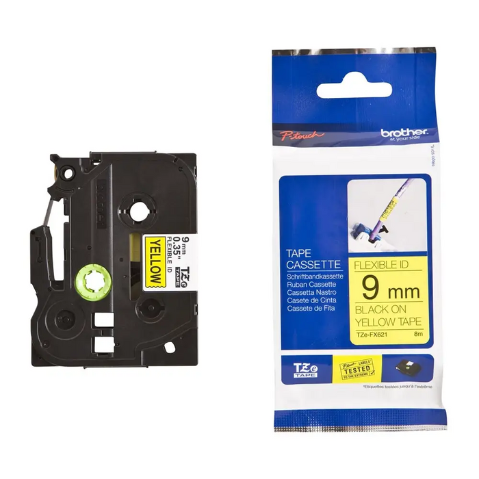 Brother TZe-FX621 Tape Black on Yellow Flexible ID 9mm 8m - Eco - Консумативи за етикетни принтери<<<BROTHER