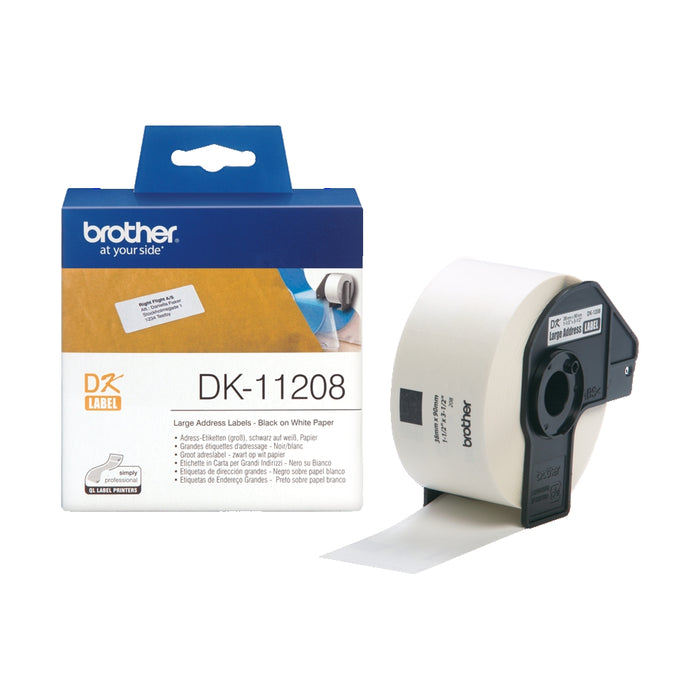 Brother DK-11208 Large Address Paper Labels, 38mmx90mm, 400 labels per roll, (Black on White)