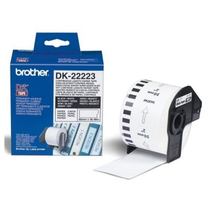 Brother DK-22223 White Continuous Length Paper Tape 50mm x 30.48m, Black on White