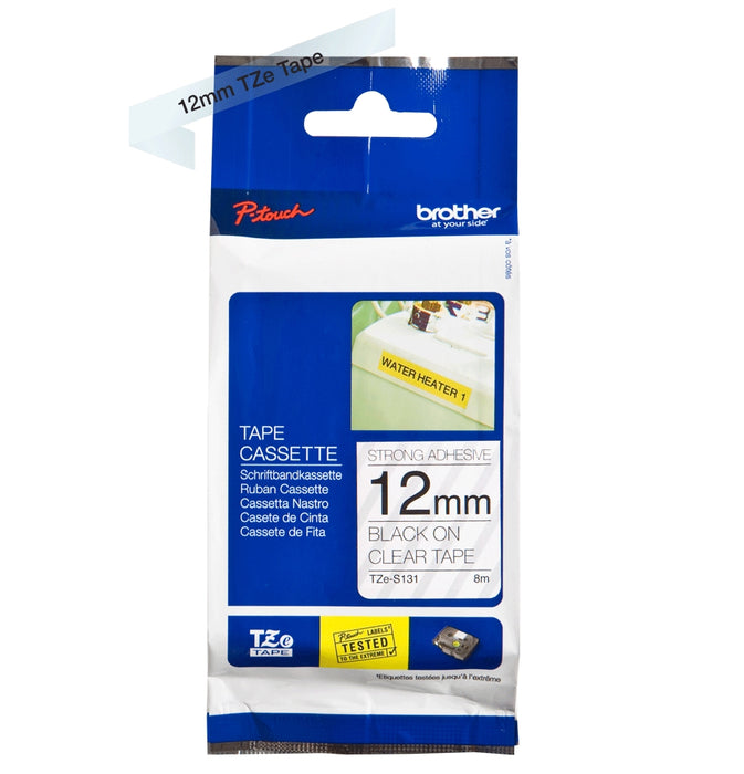 Brother TZe-S131 Black On Clear Adhesive Tape, 12mm, 8m