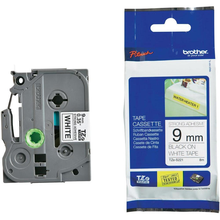 Brother TZe-S221 Tape Black on White, Strong Adhesive, 9mm, 8m