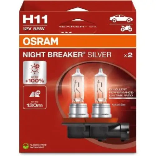 Bulb (Set of 2) H11 12V 55W PGJ 19-2 up to 100% more brightness up to 130 m. of Night Breaker Silver light beam - Car