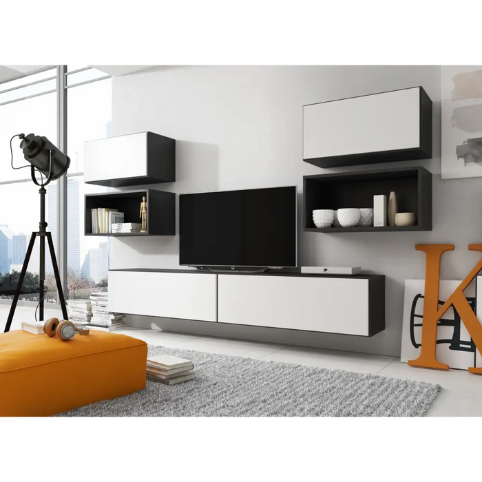 Cama living room furniture set ROCO 3 (2xRO3 + 2xRO4 + 2xRO1) black/black/white - Modern wall unitsMES-NOW<<<Wall
