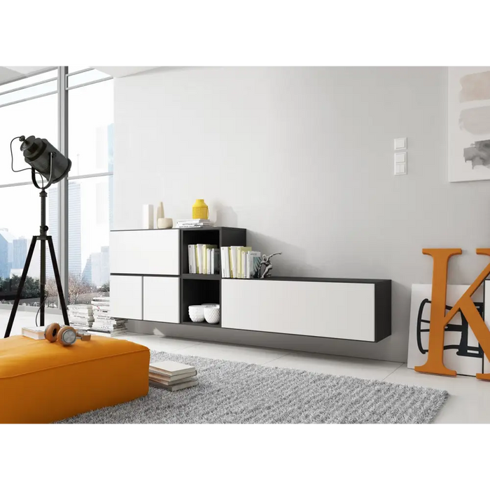 Cama living room furniture set ROCO 9 (RO1 + RO3 + 2xRO6 + 2xRO5) black/black/white - Modern wall unitsMES-NOW<<<Wall
