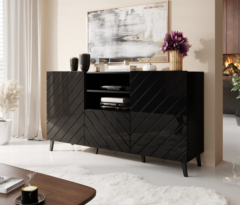ABETO chest of drawers 150x42x82 gloss black/black