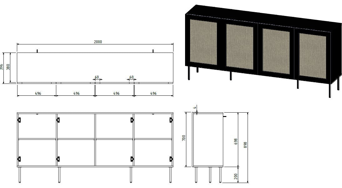 JUTA 4D chest of drawers 4D 200x39,5x90 black + linol calabria