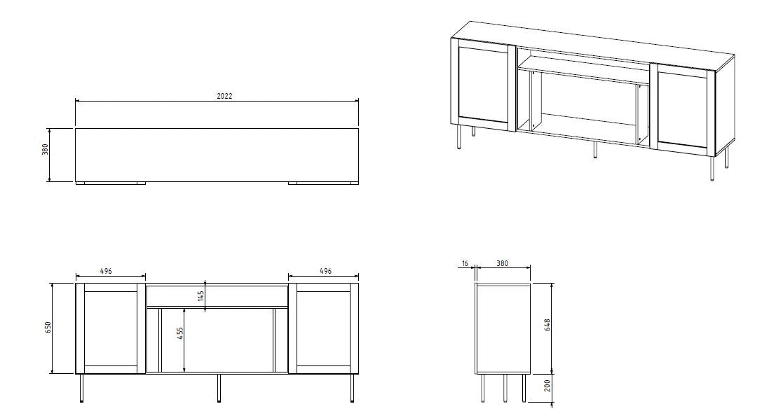 JUTA EF chest of drawers + electric fireplace 202x39.5x85 black + linol calabria