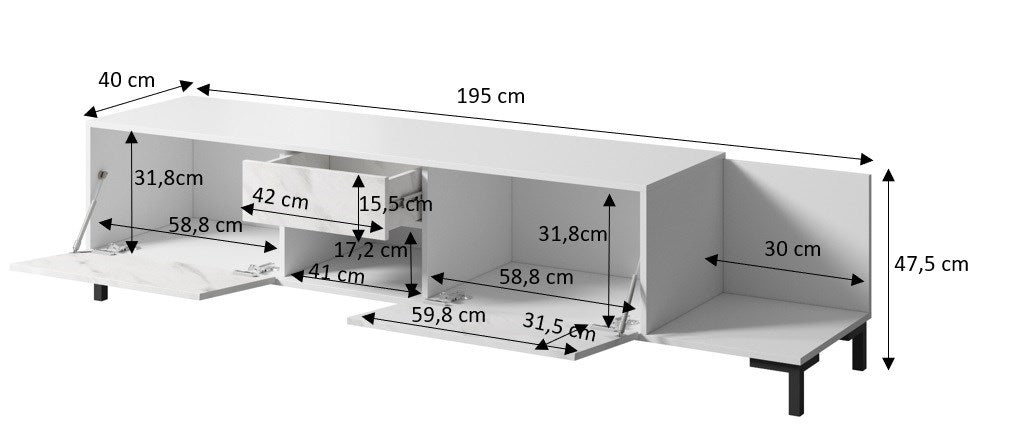 RTV Cabinet MARMO 2D1S1K 195x40x47.5 cm white matt/marble white