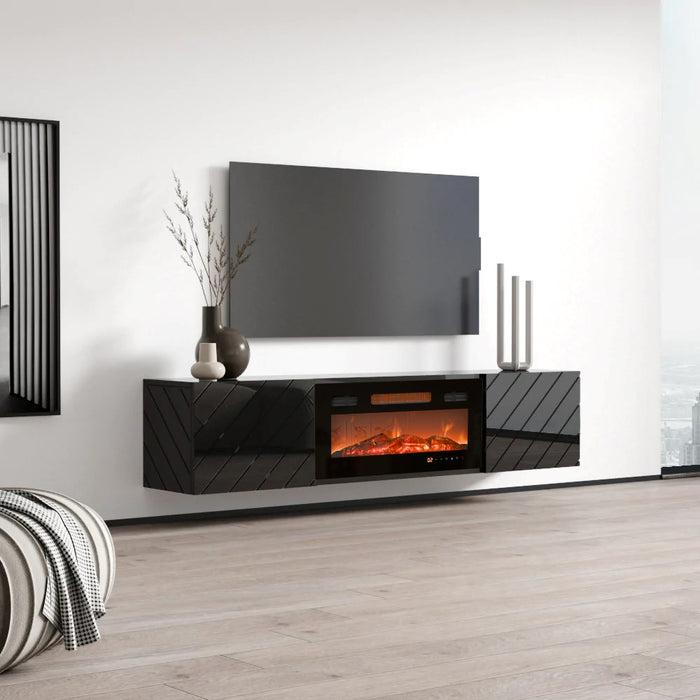 RTV LUXE cabinet 182.6x34.5x37.5 black/black gloss + black fireplace