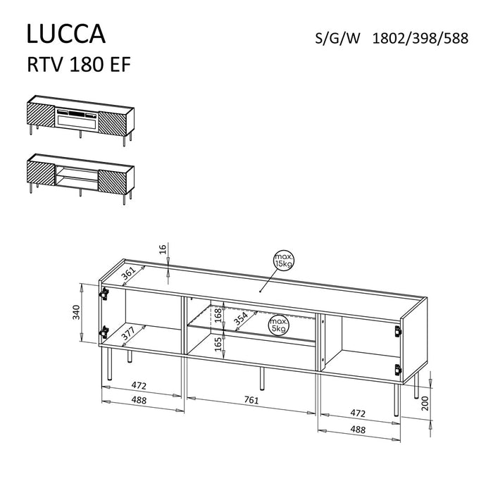 Cama LUCCA TV cabinet 180x40x59 black + black fireplace