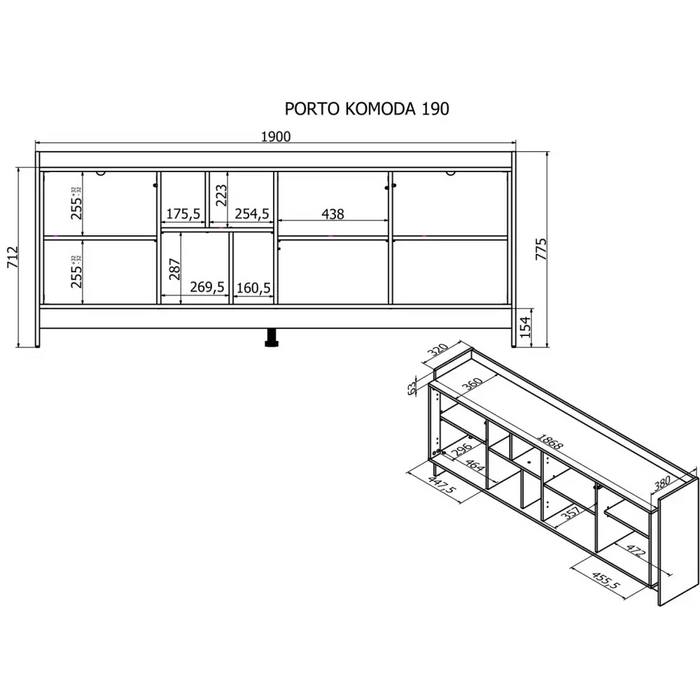 Cama PORTO 3D chest of drawers 190x38x77 oak/black - Chests of drawers made of furniture