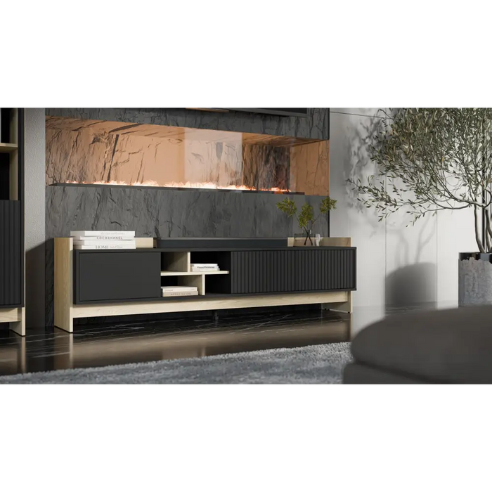 Cama RTV PORTO 3D cabinet 190x38x50 oak/black - TV cabinets made of furniture boardSTV-ZPM<<<TV cabinetsSTV<<<ActionPL