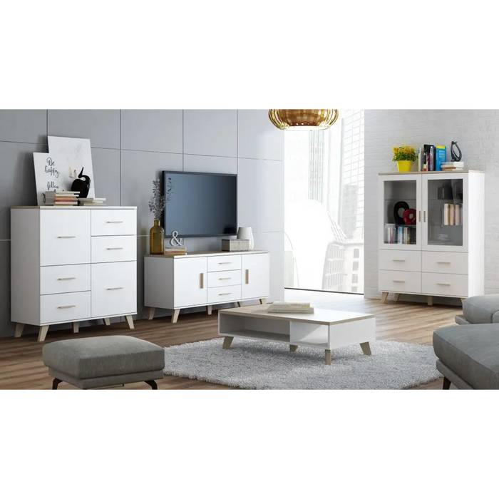 Cama sideboard LOTTA 150 2D3S white + sonoma oak - Chests of drawers on a wooden baseKOY-DRP<<<ChestsKOY<<<ActionPL