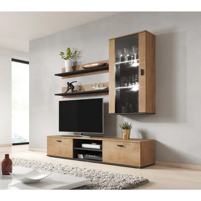 Cama SOHO 5 set (RTV180 cabinet + wall unit + shelves) oak lefkas + black - Modern wall unitsMES-NOW<<<Wall