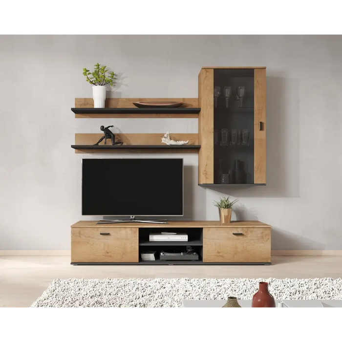 Cama SOHO 5 set (RTV180 cabinet + wall unit + shelves) oak lefkas + black - Modern wall unitsMES-NOW<<<Wall