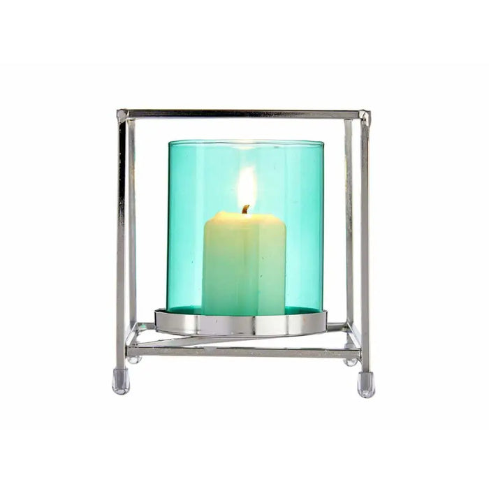 Candleholder Gift Decor Blue Silver Metal Glass 11,5 x 12,6 x 11,5 cm Squared - Декорация и Осветление<<<Дом