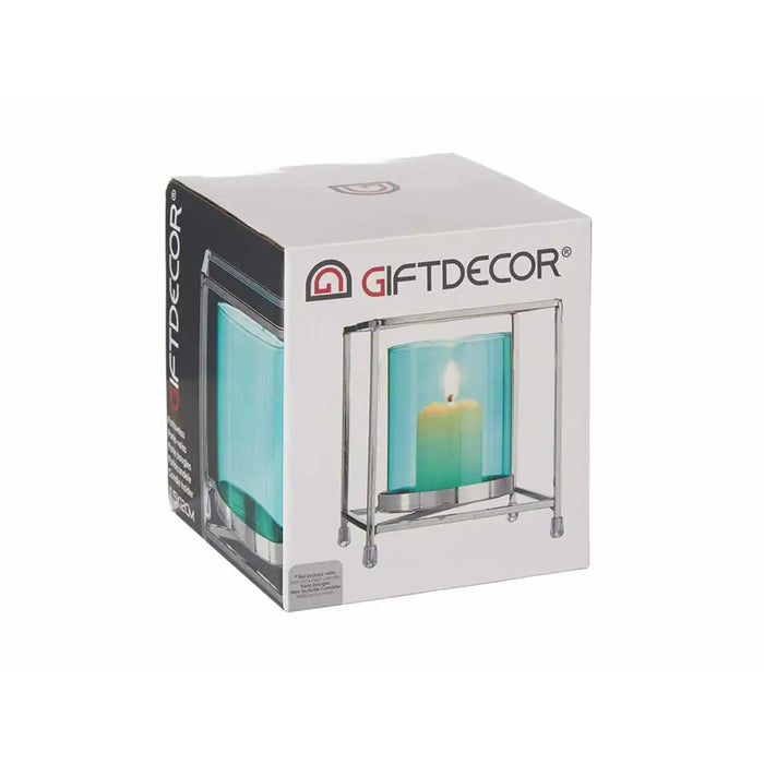 Candleholder Gift Decor Blue Silver Metal Glass 11,5 x 12,6 x 11,5 cm Squared - Декорация и Осветление<<<Дом