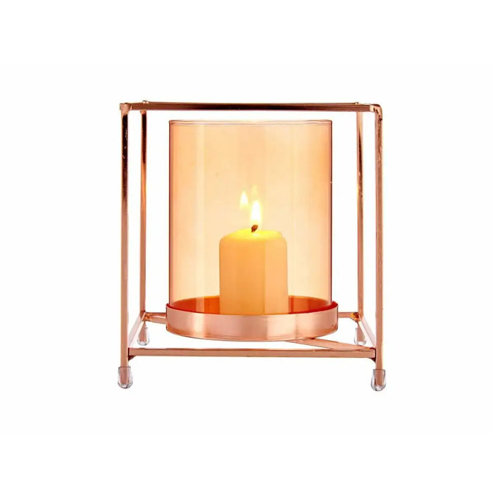 Candleholder Gift Decor Copper Amber Golden Metal Glass 14 x 15,5 x 14 cm Squared - Декорация и Осветление<<<Дом