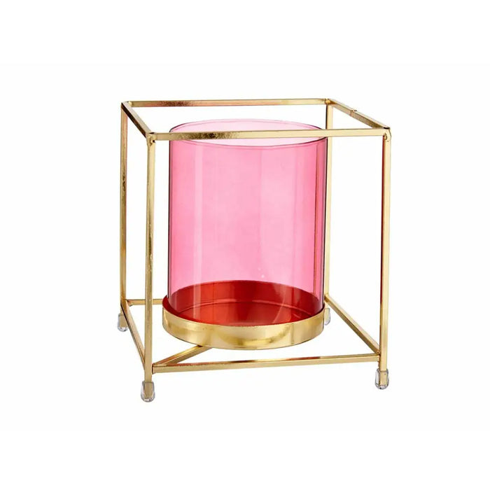 Candleholder Gift Decor Pink Golden Metal Glass 14 x 15,5 x 14 cm Squared - Декорация и Осветление<<<Дом