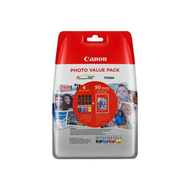 CANON 1LB CLI-551 Value Pack Blister 4x6 Phot Paper PP-201 50sheets + Cyan Magenta Yellow & Photo Black ink tanks
