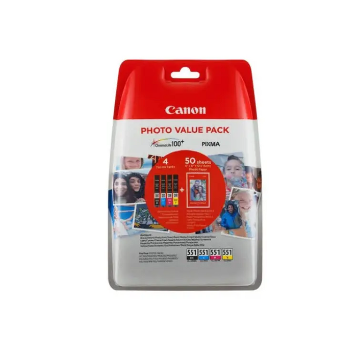 CANON 1LB CLI-551 Value Pack Blister 4x6 Phot Paper PP-201 50sheets + Cyan Magenta Yellow & Photo Black ink tanks