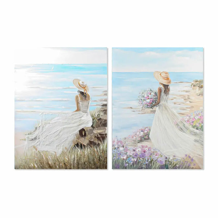 Canvas DKD Home Decor Blue White Brown Beige Lady Mediterranean 90 x 4 x 120 cm (2 Units) - Декорация и